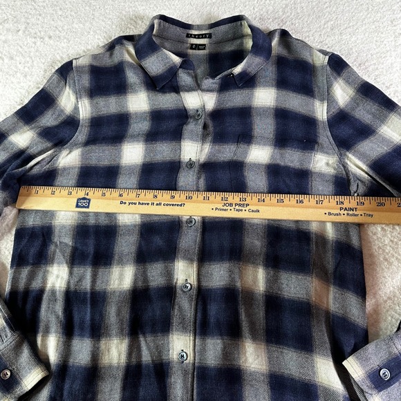 Theory Simara Wool Blend Plaid Button Down Shirt Navy Long Sleeve Women's Size M - Picture 10 of 14